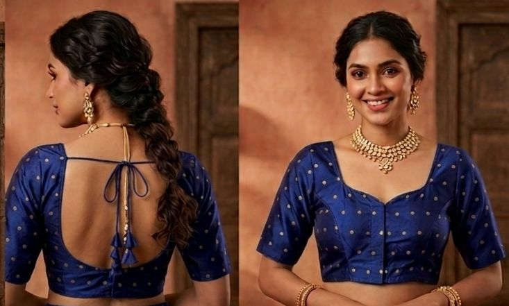 Blue woven gold polka dots butti work Blouse in Germany Namma Markt