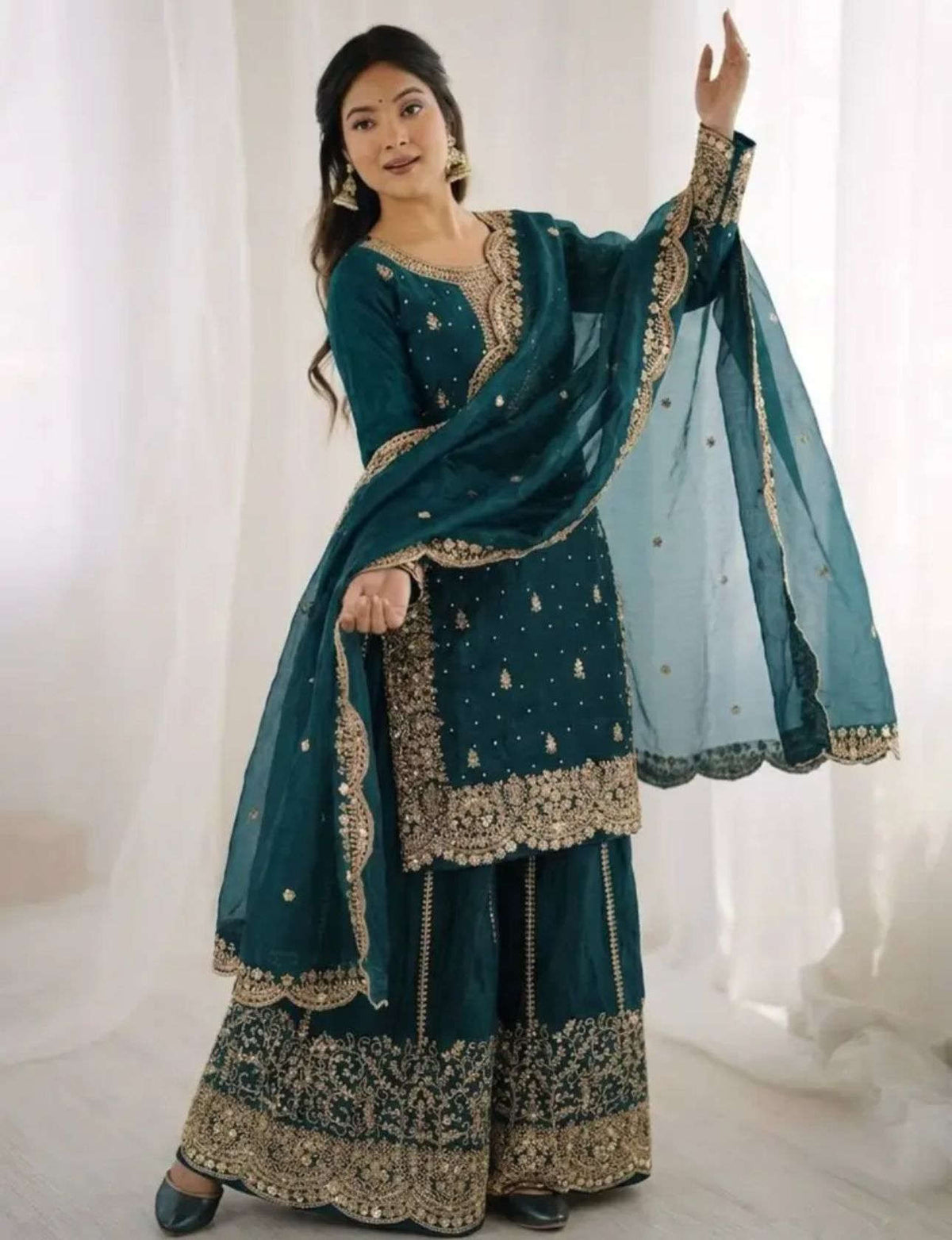Latest Teal Blue Designer Silk Palazzo Suit for Women Party Wear In Germany Namma Markt