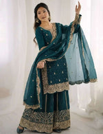 Latest Teal Blue Designer Silk Palazzo Suit for Women Party Wear In Germany Namma Markt
