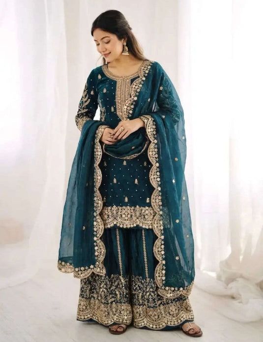 Latest Teal Blue Designer Silk Palazzo Suit for Women Party Wear In Germany Namma Markt