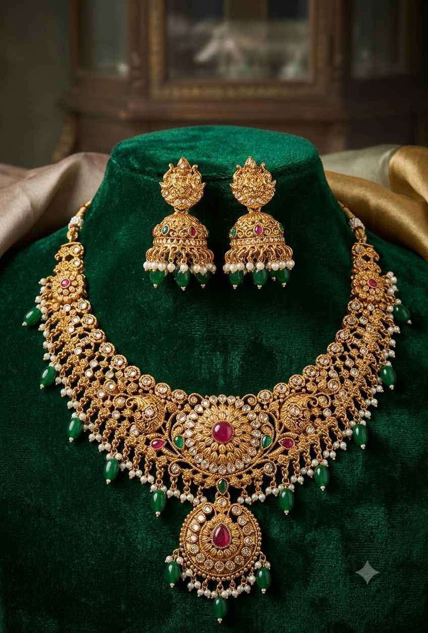 Peacock Lakshmi Necklace with Green & Pink Beads in Germany