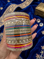 Multicoloured Kundan Pearl Zirconia Velvet Metal Bangles Set in Germany