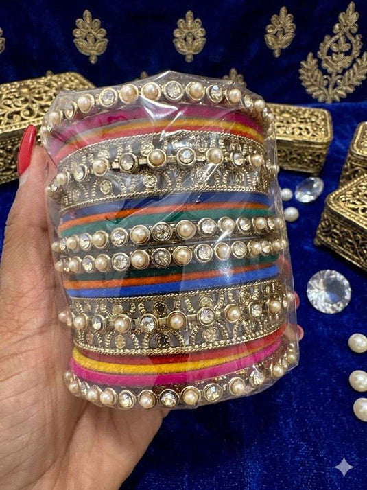 Multicoloured Kundan Pearl Zirconia Velvet Metal Bangles Set in Germany