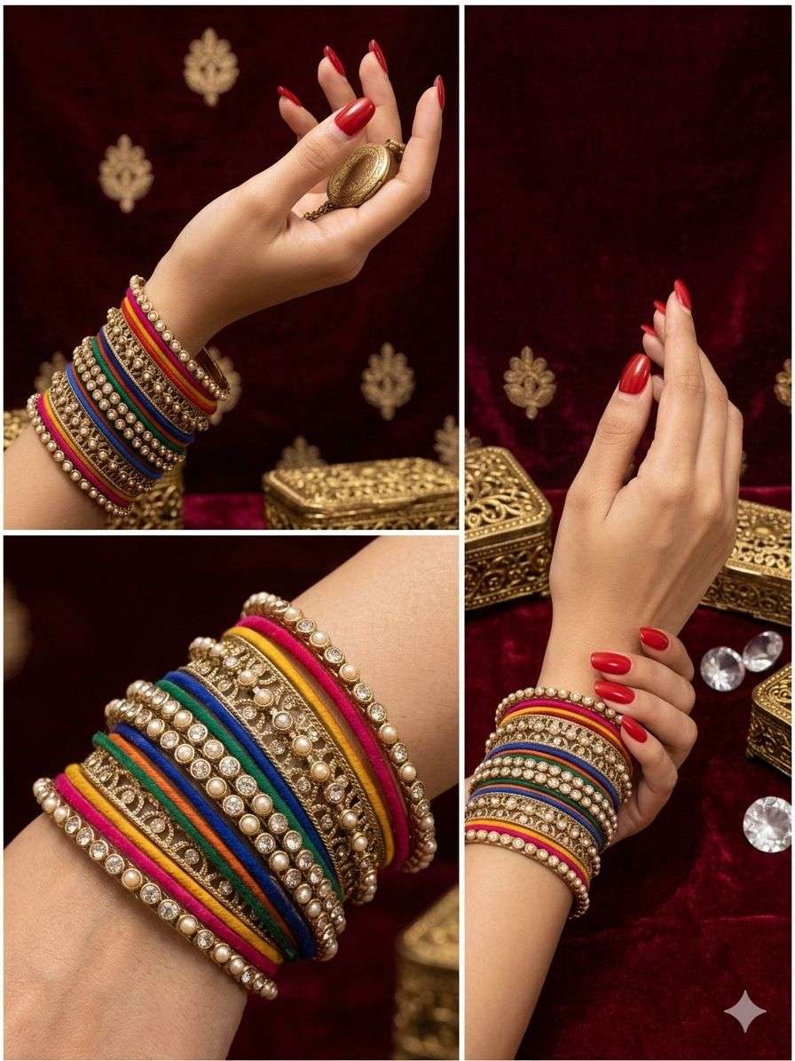 Multicoloured Kundan Pearl Zirconia Velvet Metal Bangles Set in Germany
