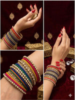 Multicoloured Kundan Pearl Zirconia Velvet Metal Bangles Set in Germany
