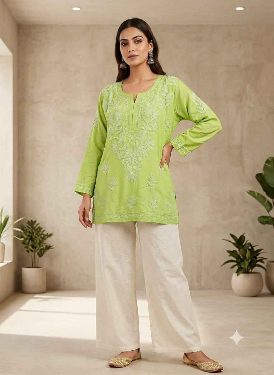 Lime green hand-embroidered Lucknowi Chikankari short kurti in Germany