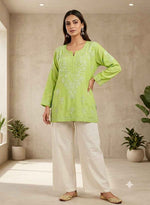 Lime green hand-embroidered Lucknowi Chikankari short kurti in Germany
