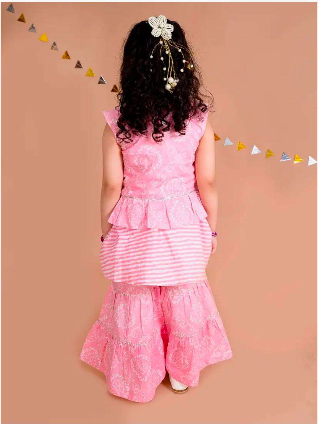 Girls Pink Floral Striped Empire Pure Cotton Kurti with Sharara In Germany