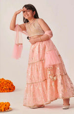 Girls Peach Ethnic Foil Print Shimmer Lurex Circular Lehenga & Choli With Dupatta in Berlin