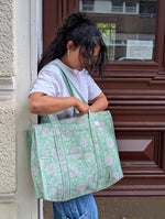 Green Hand Block Printed Cotton Quilted Tote Bag in Germany