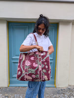 Handprinted Maroon & Pink Floral Print Quilted Cotton Tote Bag in Germany
