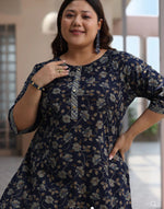 Plus Size Blue Printed Cotton Straight Suit With Dupatta