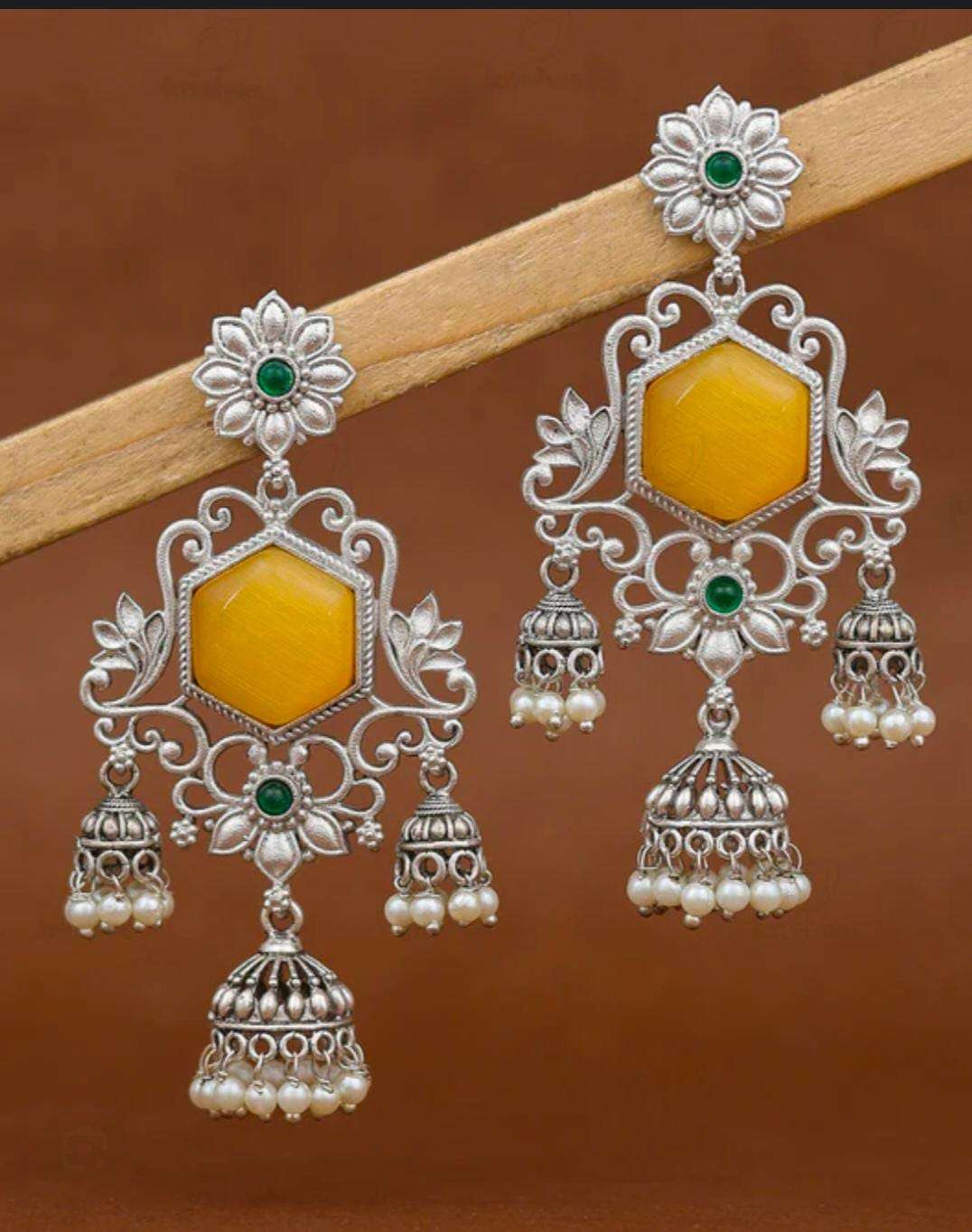 Oxidized Silver Yellow Dangler Jhumka Earrings in Berlin