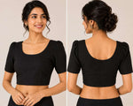 Black Crushed Textured Saree Blouse with Scoop Neck and Puff Half Sleeves in Germany
