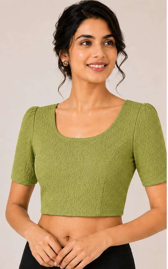 Olive green Crushed Textured Saree Blouse with Scoop Neck and Puff Half Sleeves in Germany