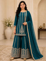 Women's teal Green Embroidered Sharara Suit Set in Germany