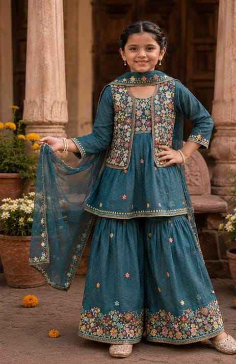 Teal Blue Embroidered Sharara Suit Set in Germany