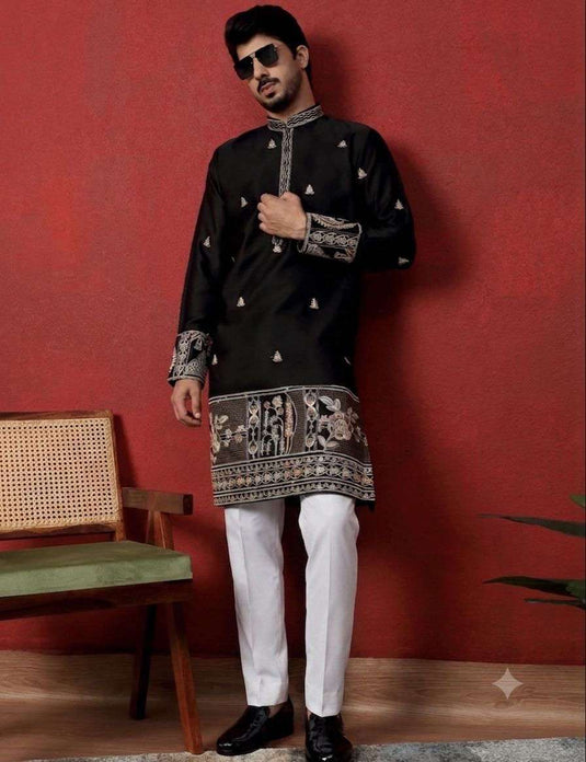 Men's Cotton Silk Floral Daman Embroidered Kurta Trouser Pant Set in Germany Namma Markt