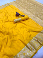 Vibrant Yellow Banarasi Silk Saree with Silver Zari in Germany