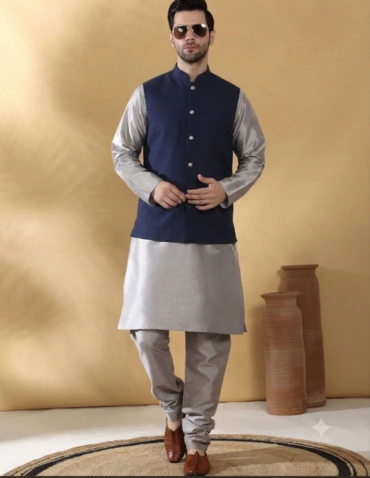 Grey Silk Blend Kurta churidar with Jacquard Geometric Sleeveless Nehru Jacket set in Germany