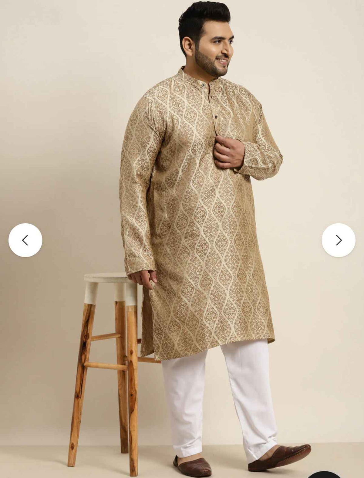 Men's Jacquard Silk Beige & Gold Kurta with Pyjama in Berlin