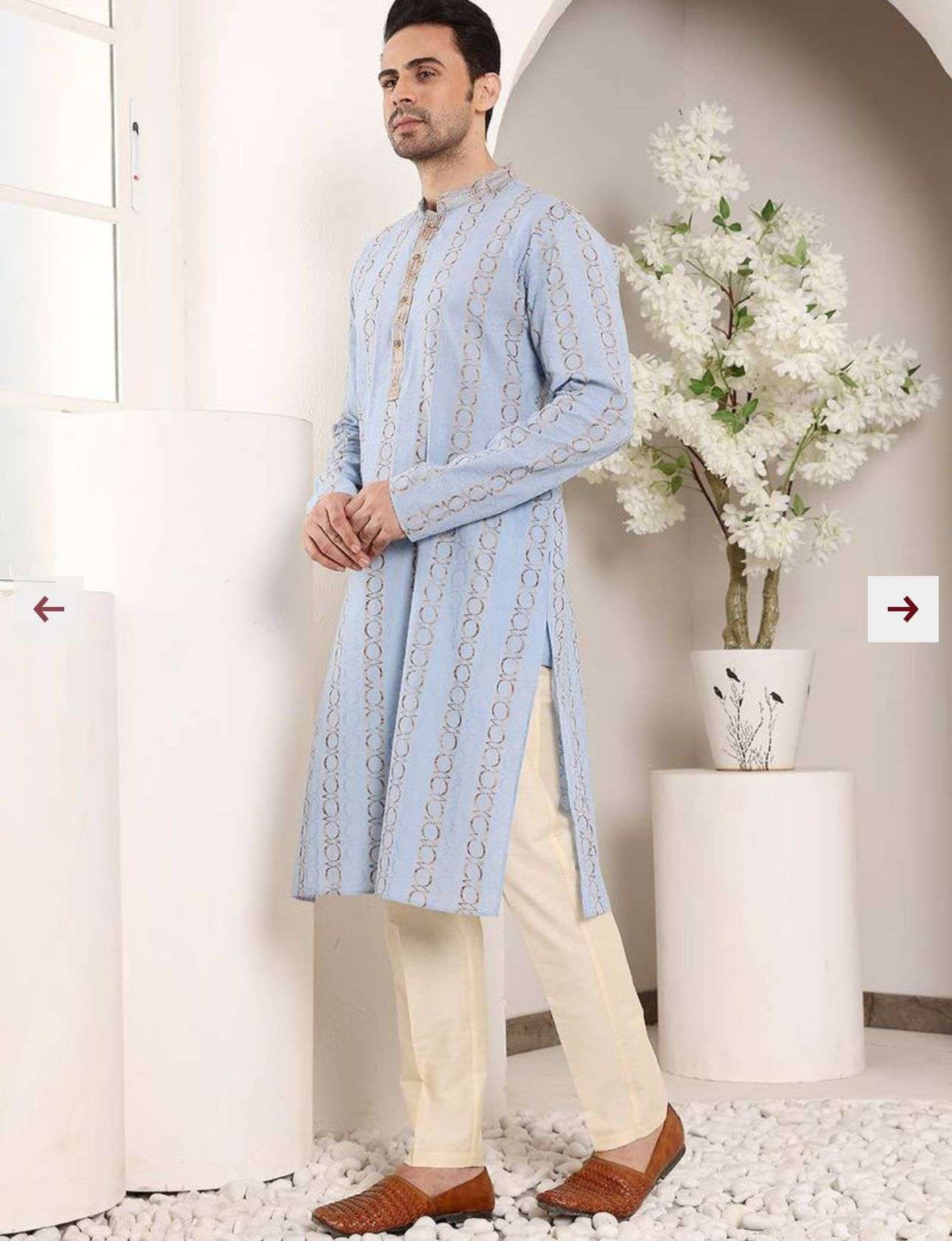 Blue Printed Straight Cotton Kurta with Pyjama in Germany