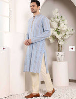 Blue Printed Straight Cotton Kurta with Pyjama in Germany