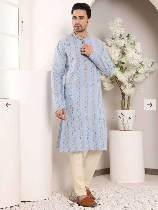 Blue Printed Straight Cotton Kurta with Pyjama in Germany