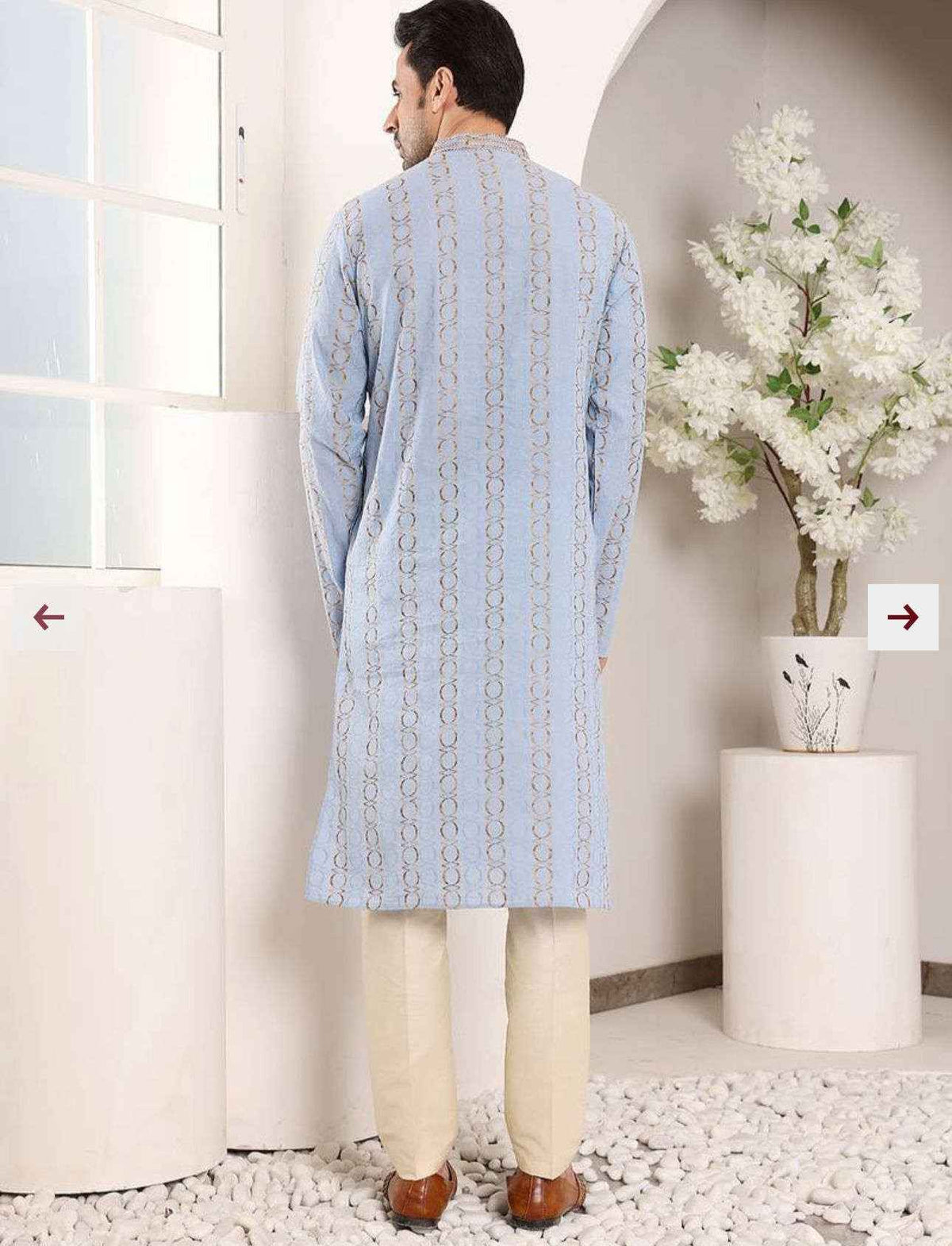 Blue Printed Straight Cotton Kurta with Pyjama in Germany