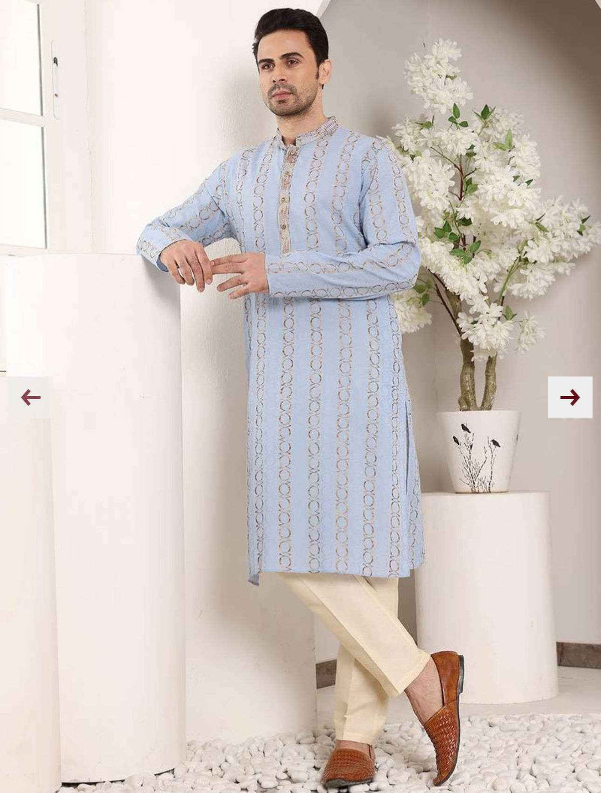 Blue Printed Straight Cotton Kurta with Pyjama in Germany