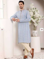 Blue Printed Straight Cotton Kurta with Pyjama in Germany