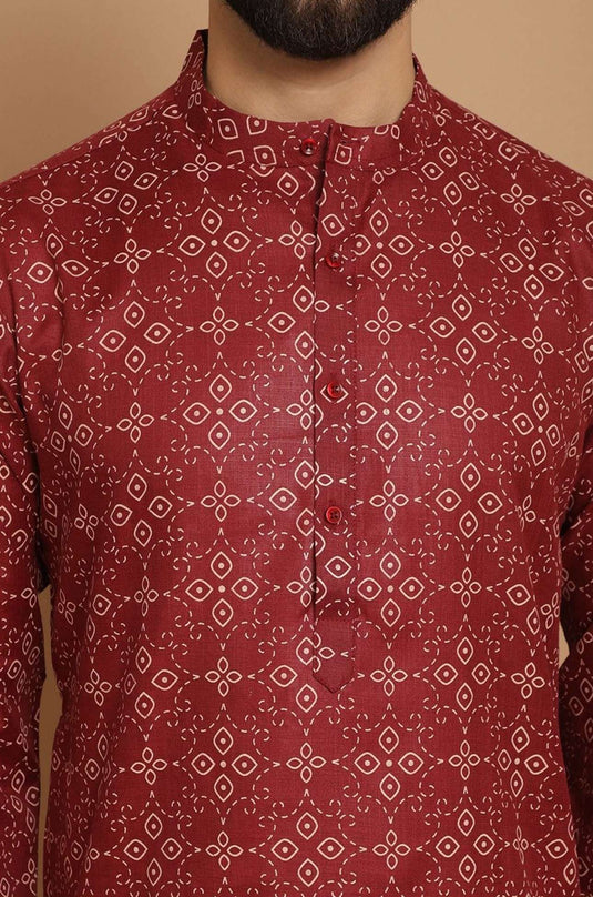 Men Maroon Geometric Printed Thread Work Pathani Kurta with Pjyama in Germany