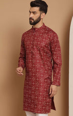 Men Maroon Geometric Printed Thread Work Pathani Kurta with Pjyama in Germany