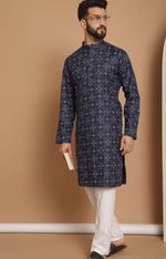 Men Navy Blue Geometric Thread Work Kurta with Pyjama in Germany