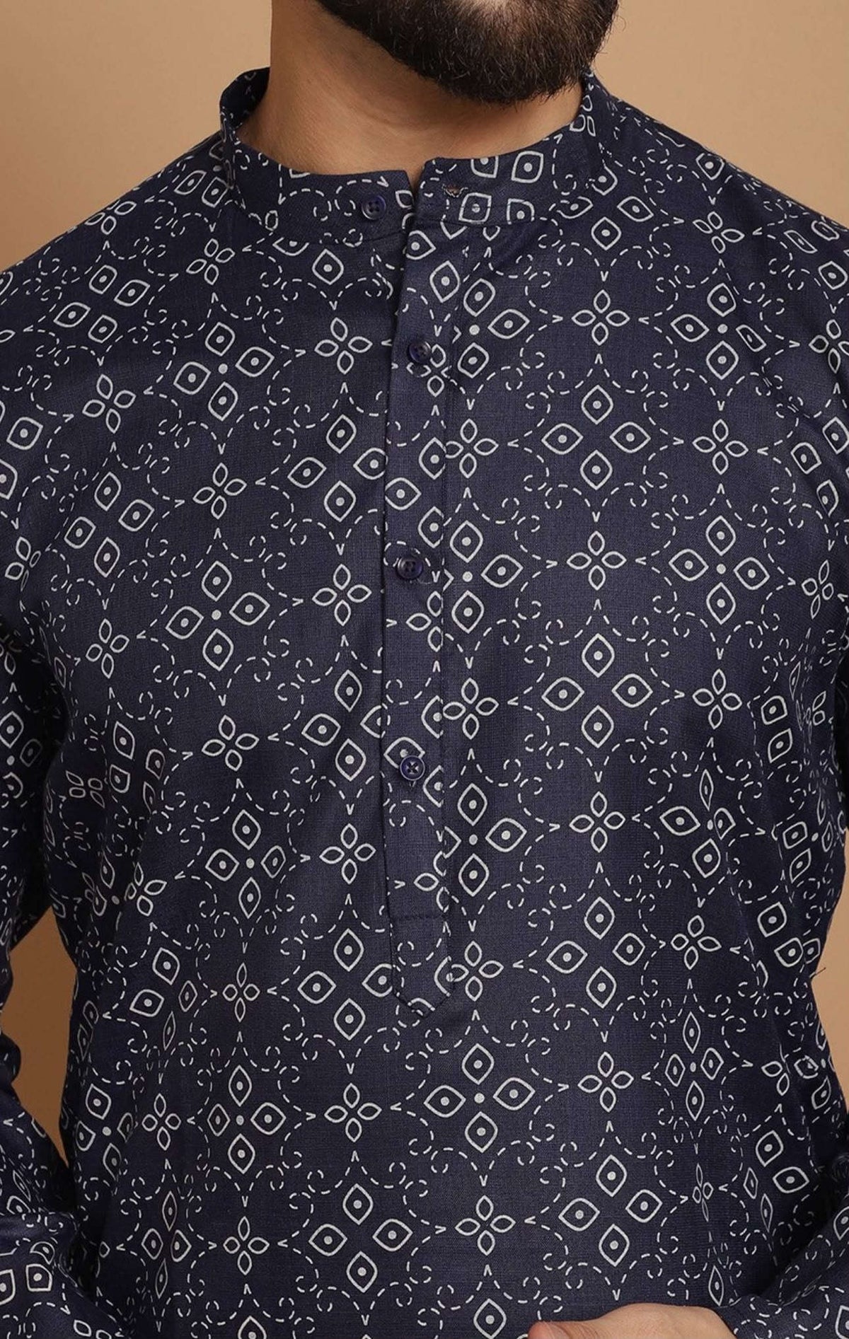 Men Navy Blue Geometric Thread Work Kurta with Pyjama in Germany