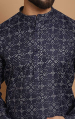 Men Navy Blue Geometric Thread Work Kurta with Pyjama in Germany