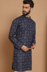 Men Navy Blue Geometric Thread Work Kurta with Pyjama in Germany