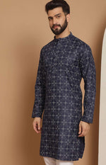 Men Navy Blue Geometric Thread Work Kurta with Pyjama in Germany