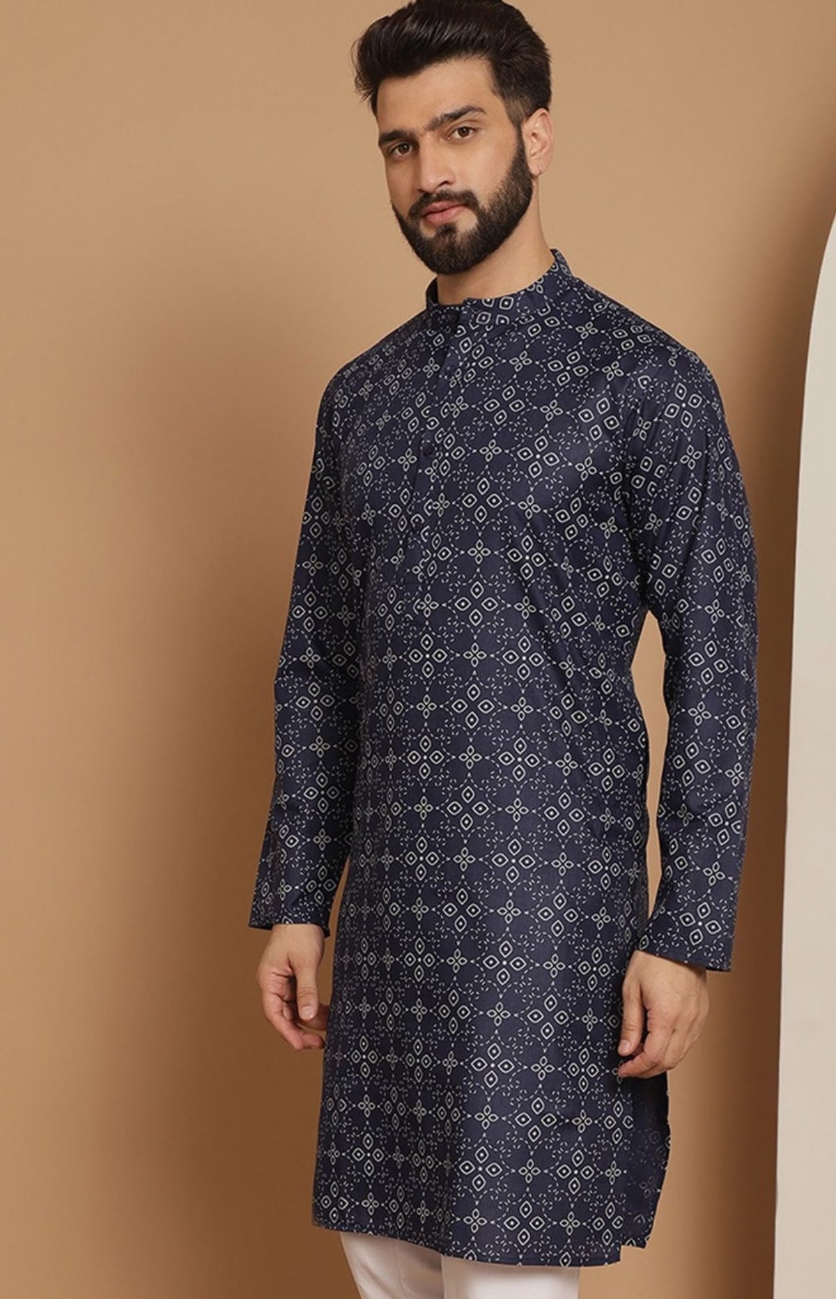 Men Navy Blue Geometric Thread Work Kurta with Pyjama in Germany