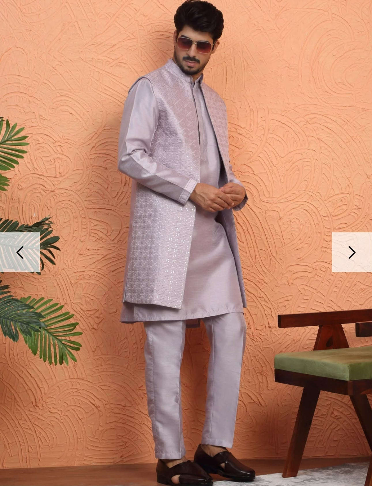 Men's Silk Blend Anchor Work Kurta Trouser Set with Long Embroidered Sequin Nehru Jacket in Germany