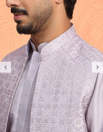 Men's Silk Blend Anchor Work Kurta Trouser Set with Long Embroidered Sequin Nehru Jacket in Germany