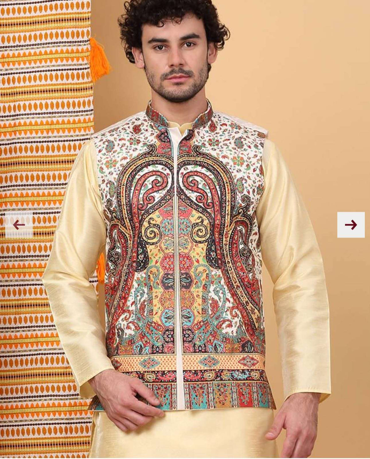 Men Silk Blend Cream Paisley Kashmiri Printed Nehru Jacket in Germany