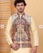 Men Silk Blend Cream Paisley Kashmiri Printed Nehru Jacket in Germany
