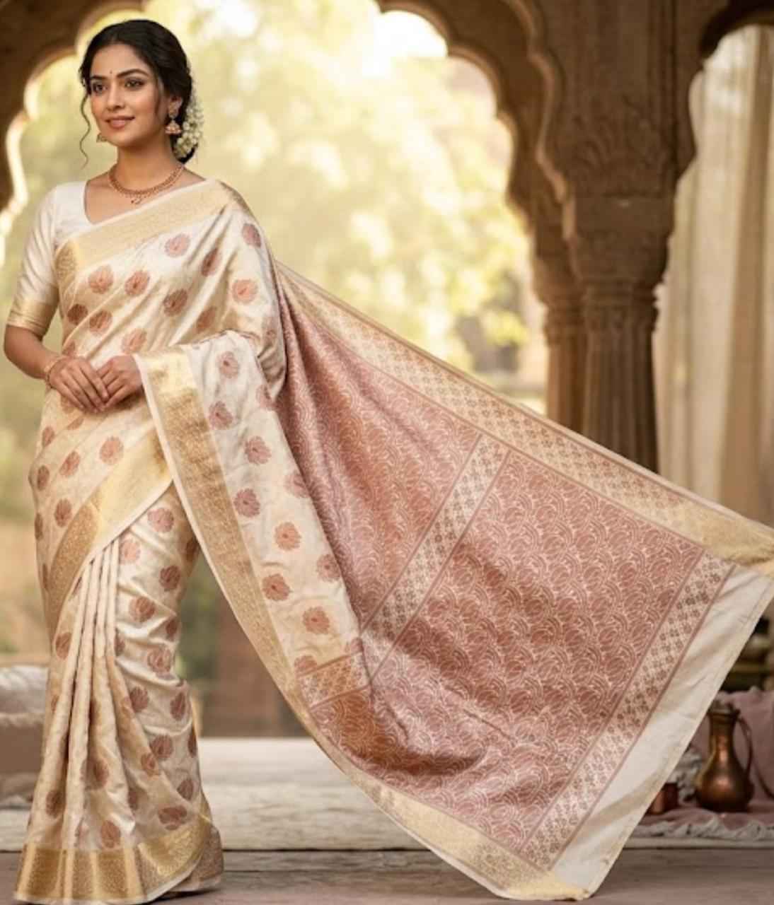 Elegant Cream and Rose-Gold Banarasi Silk Saree in Germany