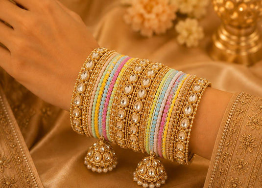 Pastel Multicolour Silk Thread Bangle Set with Kundan Work and Hanging Jhumkas in Germany