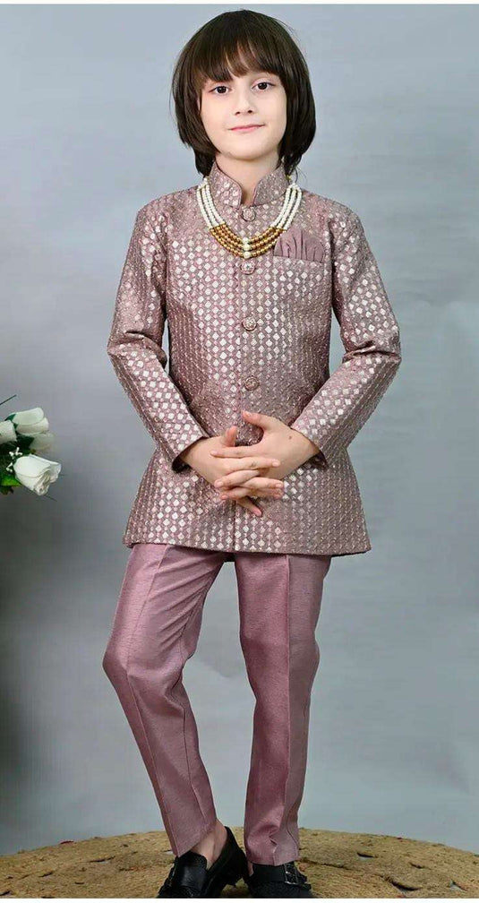 Boys Floral Woven Design Jodhpuri Bandhgala Suit Set With Mala in Germany