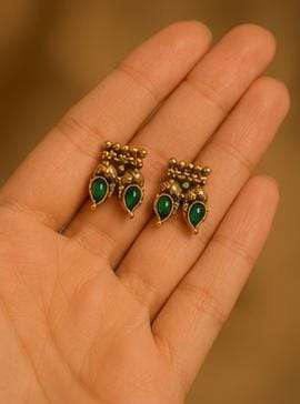 Traditional South Indian Antique Gold Mango Design Green Kemp Stone Necklace Set in Germany