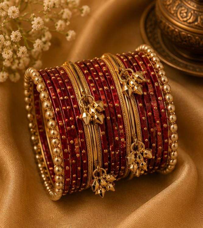 Red Kashmiri Ghungroo Metal Bangle Set in Germany