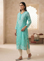 Turquoise Lucknowi Chikankari Straight Kurta without inner in Berlin