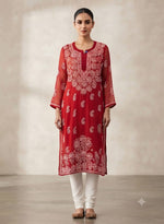 Red Lucknowi Chikankari Georgette Straight Kurta without inner in Berlin